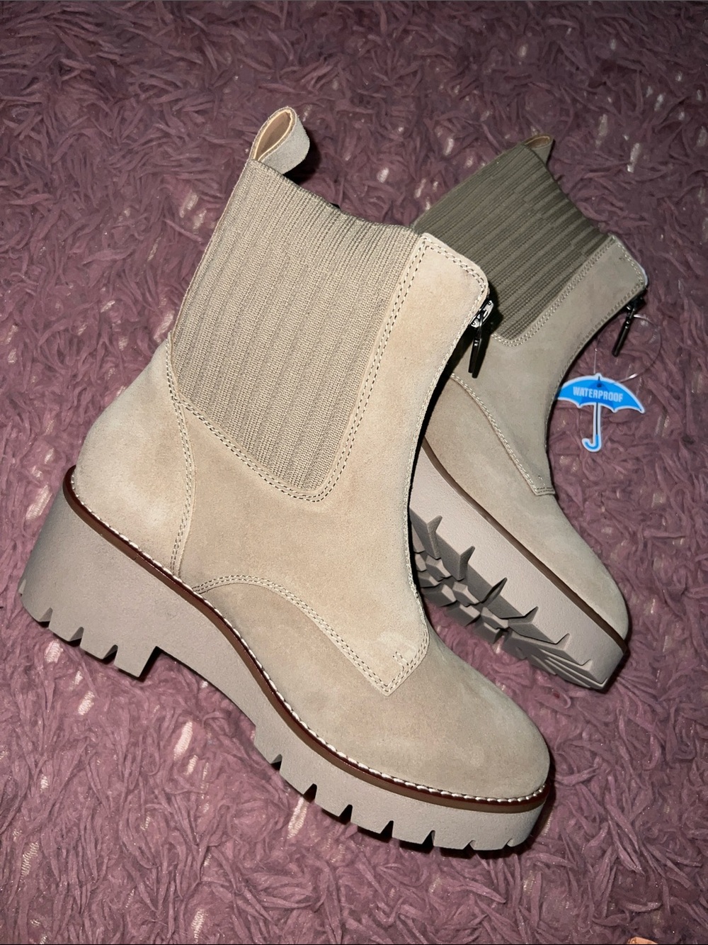 NWOT Aqua College waterproof Beige Suede Chunky Chelsea Bootie with Lug Sole